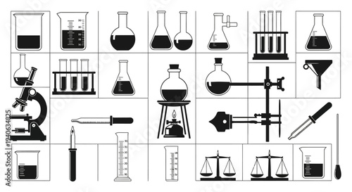 Laboratory equipment icons set including beakers flasks test tubes microscope and scales on white background for science and research themes
