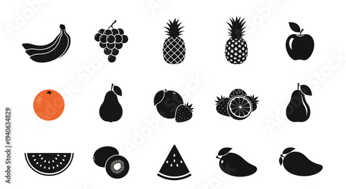 Assorted fresh fruit icons in black and white on clean background for healthy food and nutrition concepts