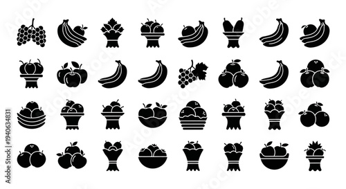 Collection of fruit and dessert icons in black silhouette on white background for design and decoration purposes