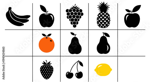 Variety of fresh fruit icons in grid layout for healthy eating and nutrition concepts