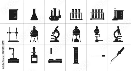 Laboratory equipment icons including microscopes beakers test tubes and science tools on white background for research and education purposes