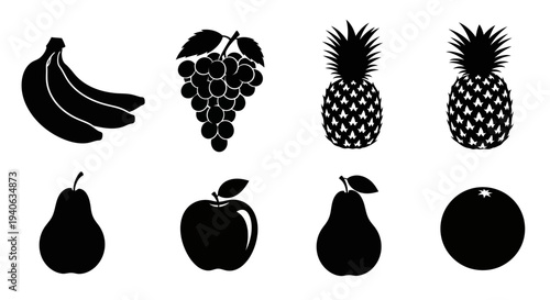 Collection of fruit icons including bananas grapes pineapples pears and apples in black silhouette on white background for design and decoration