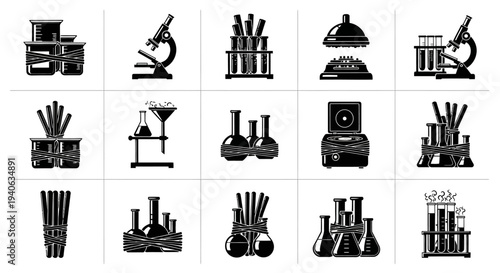Collection of black and white laboratory equipment icons including microscopes test tubes and beakers on a white background for science and research themes