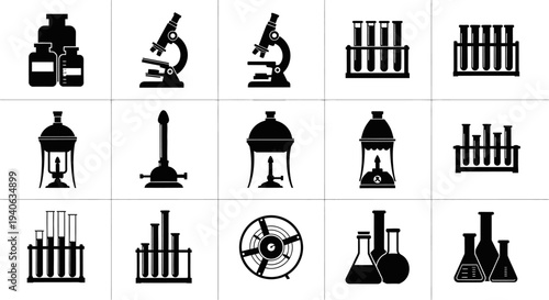 Science laboratory equipment icons including microscopes test tubes and beakers on white background for research and education