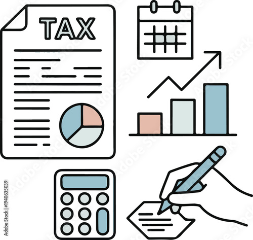Tax day icon set. Outline Icon Collection. Vector illustration. Editable stroke.