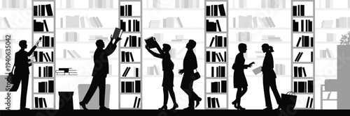 Library interior silhouette scene with people reading books, studying and browsing bookshelves in bookstore or public library learning environment illustration