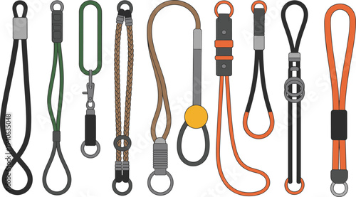Lanyard strap collection with clips, hooks and rings isolated, safety cord and key holder accessories vector illustration set