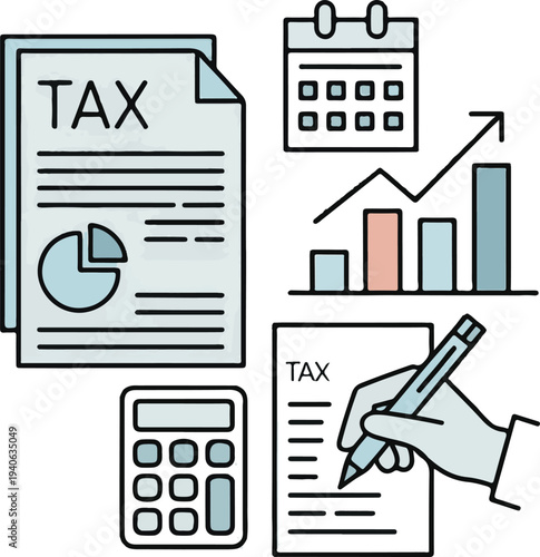 Tax, taxes and accounting thin line icon set. Finance, return, income, form, bank payment, document.