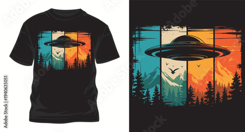 A vintage alien ufo t-shirt design with flying saucer over forest and mountain landscape, retro style graphic, for apparel print, extraterrestrial theme
