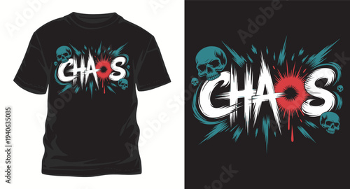 Chaos t-shirt design with skulls and abstract explosion graphic vector art illustration