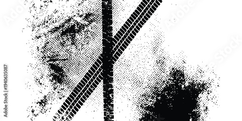 A black and white grunge texture featuring intersecting tire tracks and dirt splatters