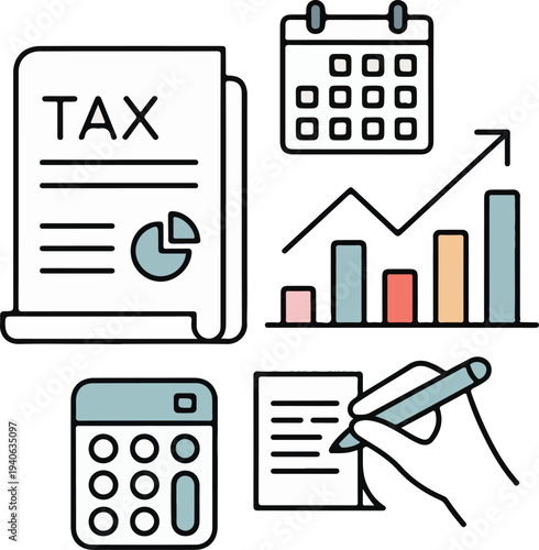 Tax Day Calendar and Tax Filing Icon Set.