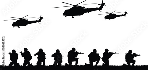 Military Soldiers Patrol with Helicopters Silhouette Army Combat Operation Battlefield Tactical Team War Vector Illustration