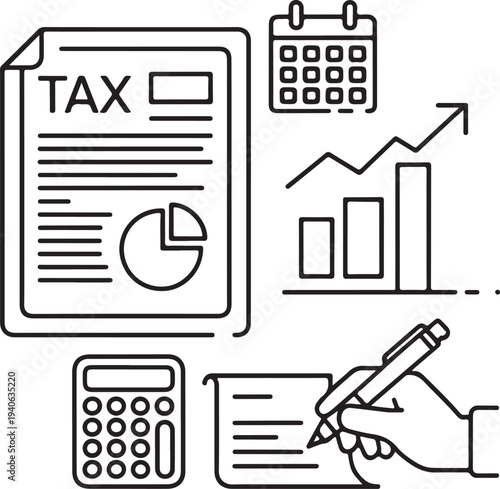 Tax day professional silhouette and icons set for business and finance
