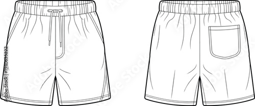 Men’s Elastic Waist Drawstring Shorts Technical Fashion Flat Sketch Front and Back View with Pocket Apparel Design Template Vector Illustration