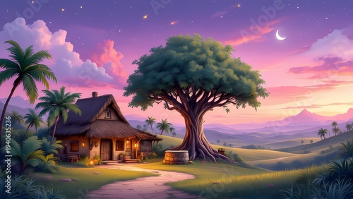 Cartoon Indian Village Evening Background with Banyan Tree, Water Well and Mud Houses, Peaceful Rural Sunset Landscape for Animation