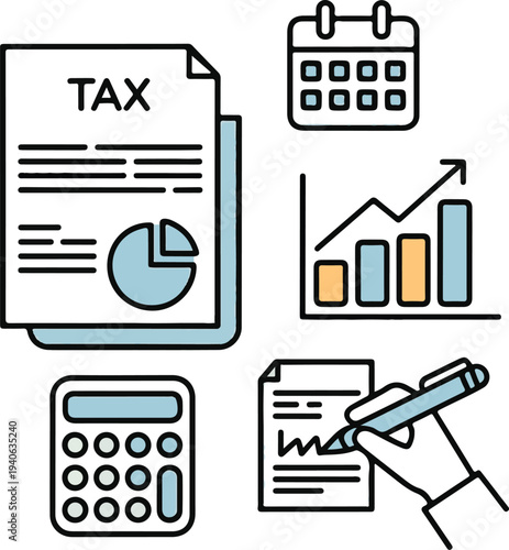 Tax Day and Financial Planning line icon set