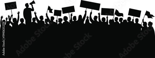 Protest Crowd Silhouette with Raised Hands, Flags and Blank Banners, Demonstration Rally People Group Concept for Activism and Political Protest Illustration