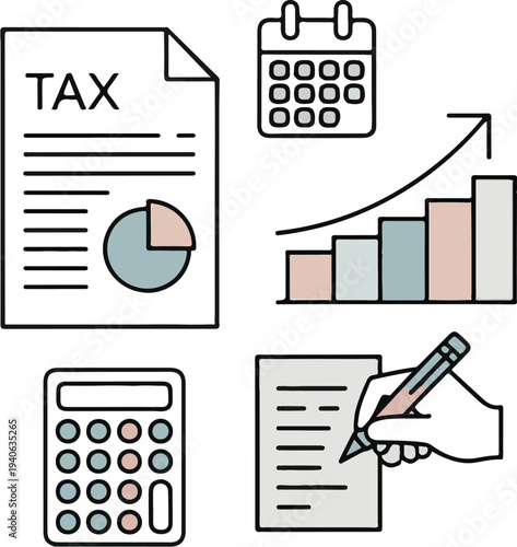 Tax day thin line icon set. calendar, statement, calculate tax, rate,  invoice, growth income, financial vector