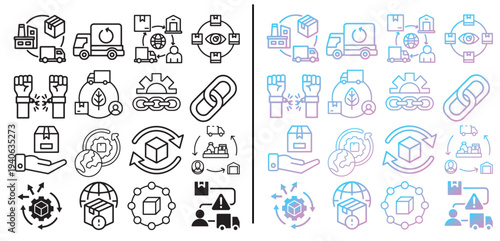 Sustainable Supply Chain and Ethical Logistics Line Icon Set. Green Shipping, Fair Trade, Delivery, and Circular Economy Symbols. Black Outline and Colorful Gradient Vector Collection.
