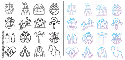 Social Justice and Human Diversity Line Icon Set. Equality, Community, Leadership, and Inclusion Symbols. Black Outline and Colorful Gradient Vector Collection.