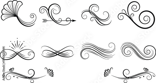 Elegant decorative flourish ornament set, vintage swirl vector design, ornate line art elements, creative invitation border, sophisticated graphic decoration illustration