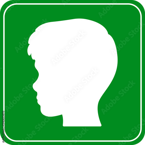 Silhouette profile of a childs head simple white vector icon on a green square background representing childhood or user profile
