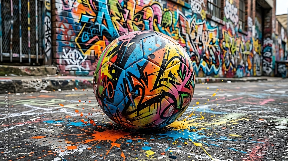 Obraz premium Vibrant graffiti soccer ball on colorful urban street