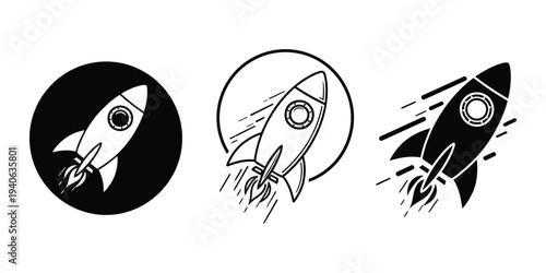 Rocket ship illustrations in various stages of launch