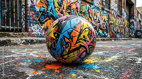 Vibrant graffiti soccer ball on colorful urban street