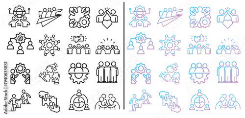teamwork collaboration line icon set vector illustration, business partnership leadership hr symbols. gradient  Editable line icons. Vector illustration.