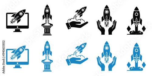 Collection of rocket ship icons in various colors and displays