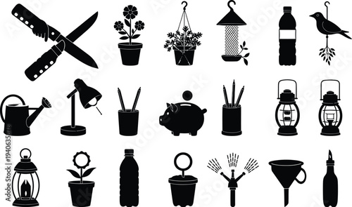 Silhouette of various gardening and household items in black on a white background silhouette