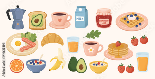 Hand drawn breakfast illustration with coffee, fried egg, croissant, milk, cereal, bacons, sausages and more. Healthy tasty food and drinks. Vector flat doodle illustration