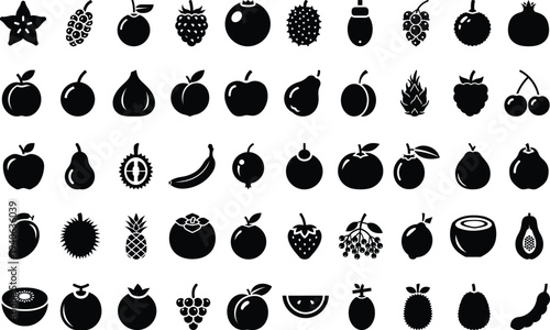 Collection of Fresh Fruit Icons in Silhouette Style Healthy Eating and Food Icons