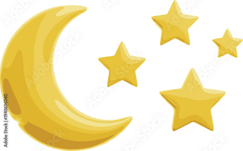 Golden crescent moon with stars illustration, celestial night sky design, dreamy bedtime artwork, astronomy themed graphic element, children’s book decoration