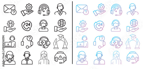 customer service technical support line icon set vector illustration, call center help desk contact symbols gradient  Editable line icons. Vector illustration.