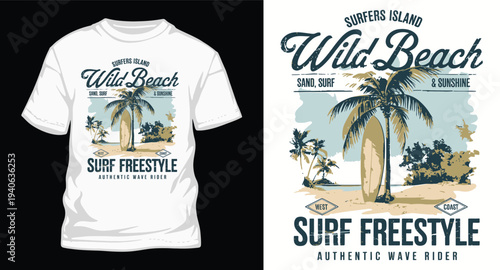 Vintage surf freestyle wild beach graphic with palm trees and surfboard