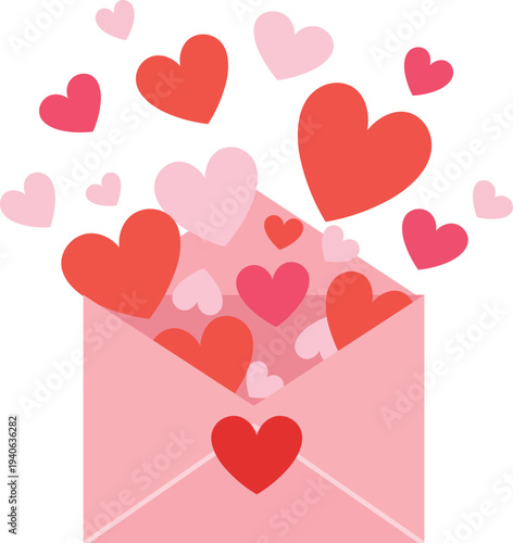 Pink envelope overflowing with red and pink hearts on white background love