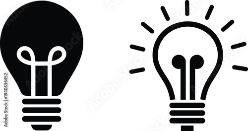 Two black and white light bulb one solid one outlined with rays symbol idea innovation creativity