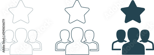 Three groups of people with three star ratings above them in a simple line drawing style on a transparent background