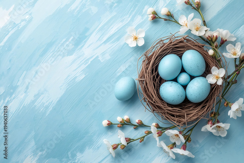 Easter blue eggs in a nest of twigs and sakura on a blue background with rough strokes. The concept of a happy Easter 2026.