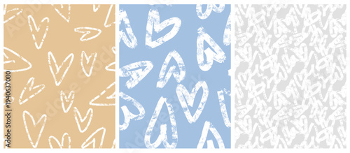 Childish Hand‑Drawn Seamless Heart Patterns – Chalk‑Style Romantic Vector Set. Gold, Blue And Gray Abstract Print With Doodle Hearts, ideal for Valentine’s Day designs, romantic stationery, gift wrap.