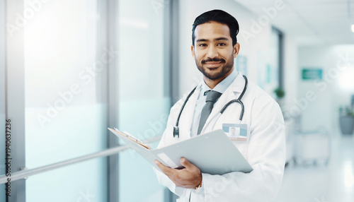 Cheerful indian male doctor holding medical chart and files in modern hospital hallway while wearing white lab coat and stethoscope looking at camera with friendly smile during clinic work shift hour