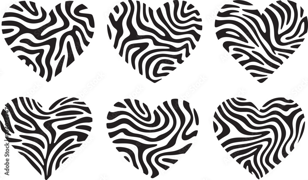 Fototapeta premium Set of six heart shapes with wavy line patterns isolated on transparent background