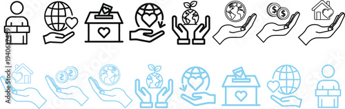 Icons of hands holding various objects in black and blue