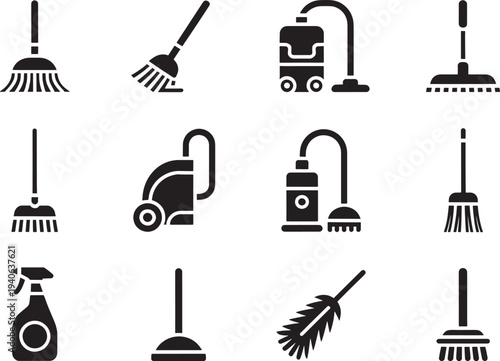 Cleaning supplies icons set vector collection brooms vacuums spray bottle
