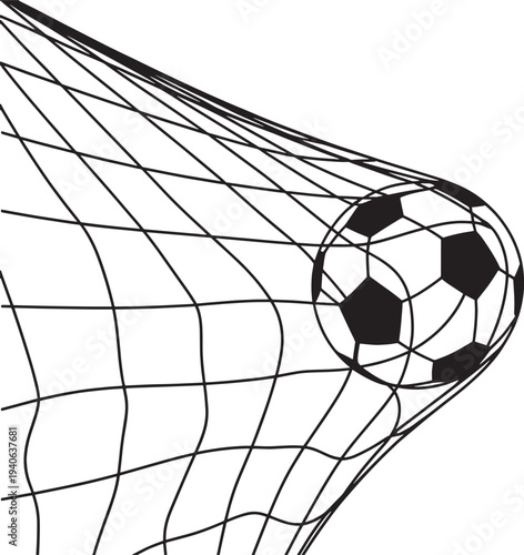 Soccer ball in goal net vector silhouette for sports game or competition design element