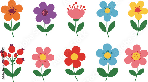 A vibrant set of colorful spring tulips and floral nature elements featuring pink blossoms and butterflies in a cartoon vector illustration design for garden themed wallpaper