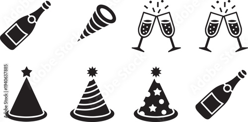 New years eve celebration icons, champagne bottles, flutes, party hats, festive event elements